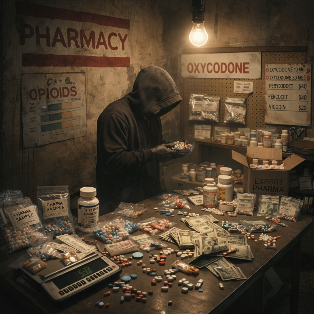 Person with hood sorting opioid pills with cash and pill bottles on a cluttered table