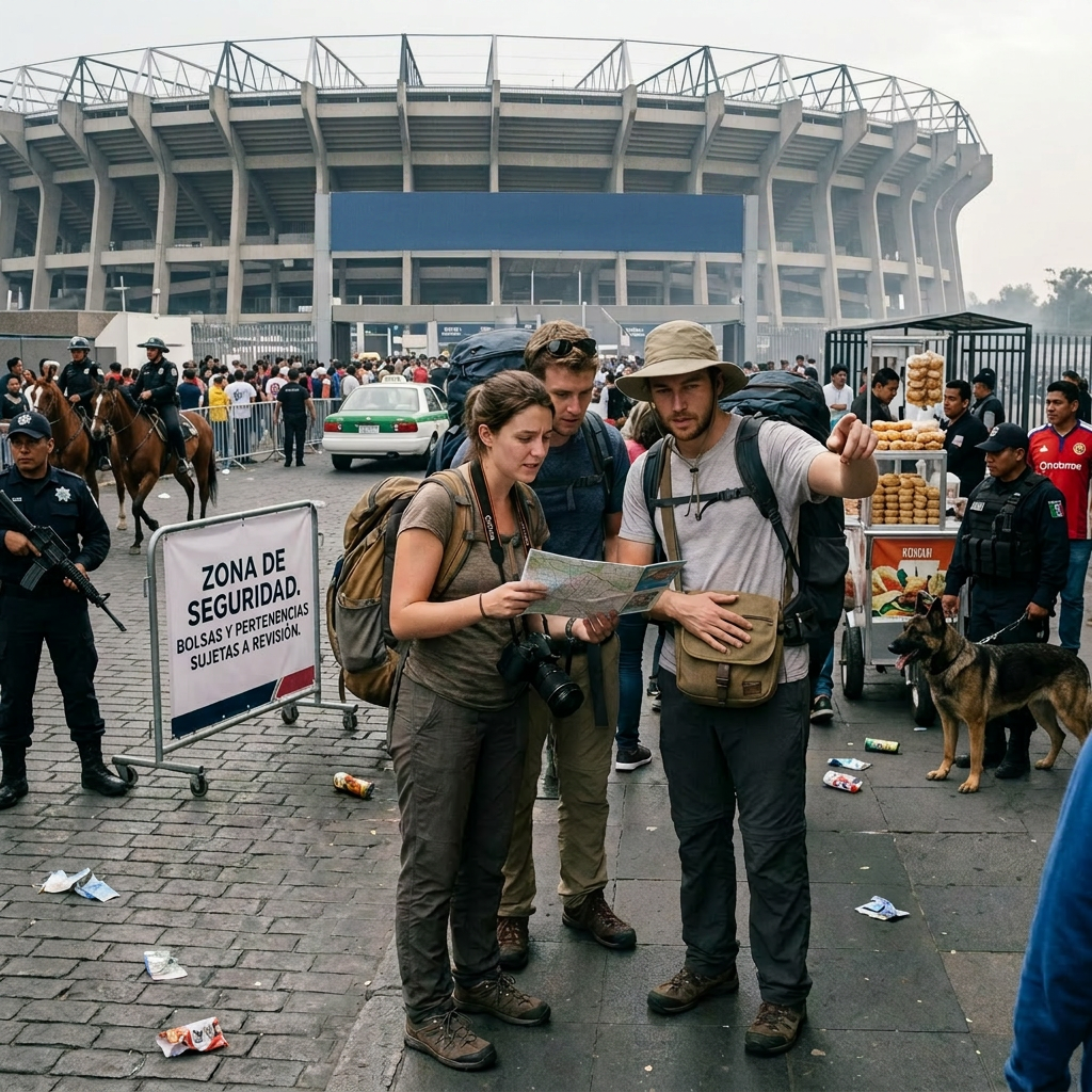 Three tourists with backpacks looking at a map on a crowded city sidewalk