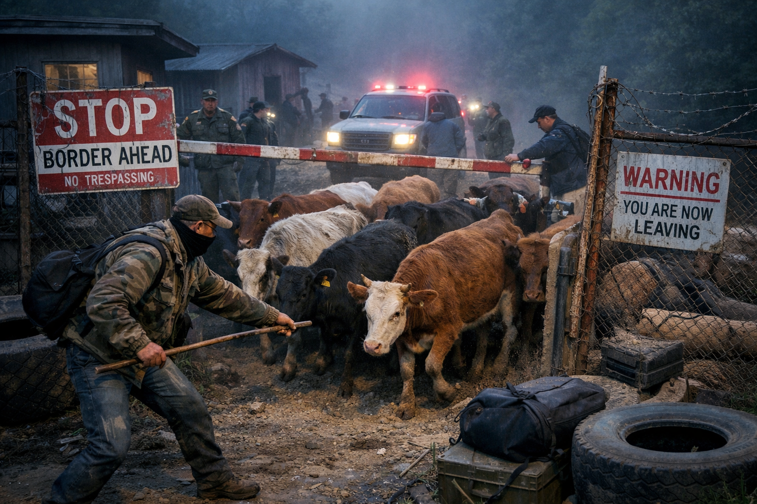 Herd of cattle crossing a border checkpoint guarded by officers with signs warning of border and no trespassing