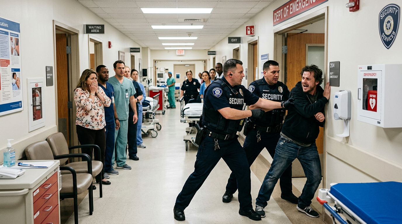 Two security officers detaining a man in jeans and a black hoodie in a hospital emergency corridor with medical staff watching nearby